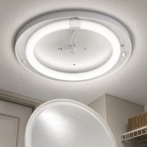 LED T9 circular replacement lamp installed inside a round ceiling fixture with the diffuser removed