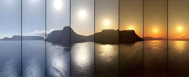 Daylight color progression from cool blue to warm sunset