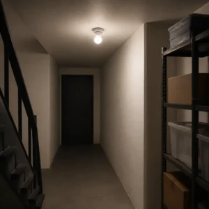Microwave-sensor LED bulb installed in an indoor corridor by a stair landing