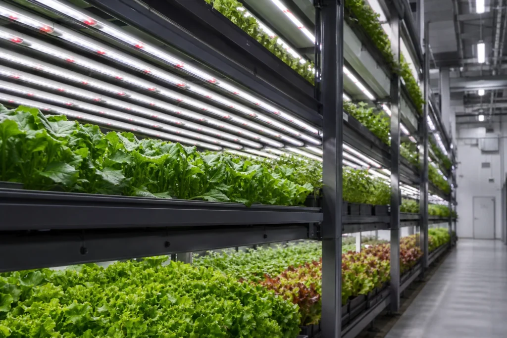 Commercial vertical farm with LED grow lighting over leafy greens
