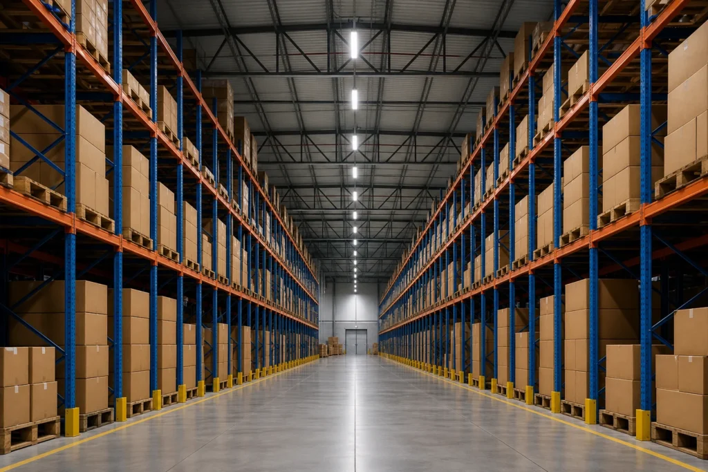 Warehouse aisle illuminated by linear LED high bay fixtures