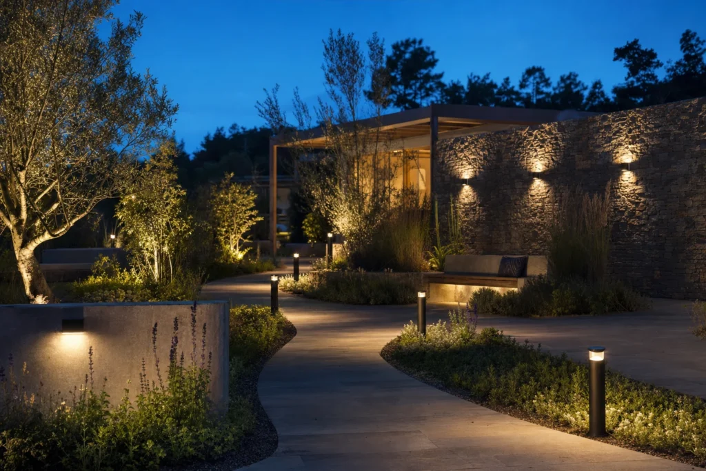 Outdoor garden paths illuminated by solar bollards and wall lights