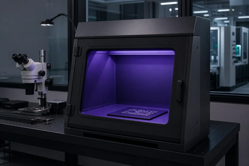 Shielded UV inspection lighting in a controlled industrial workstation
