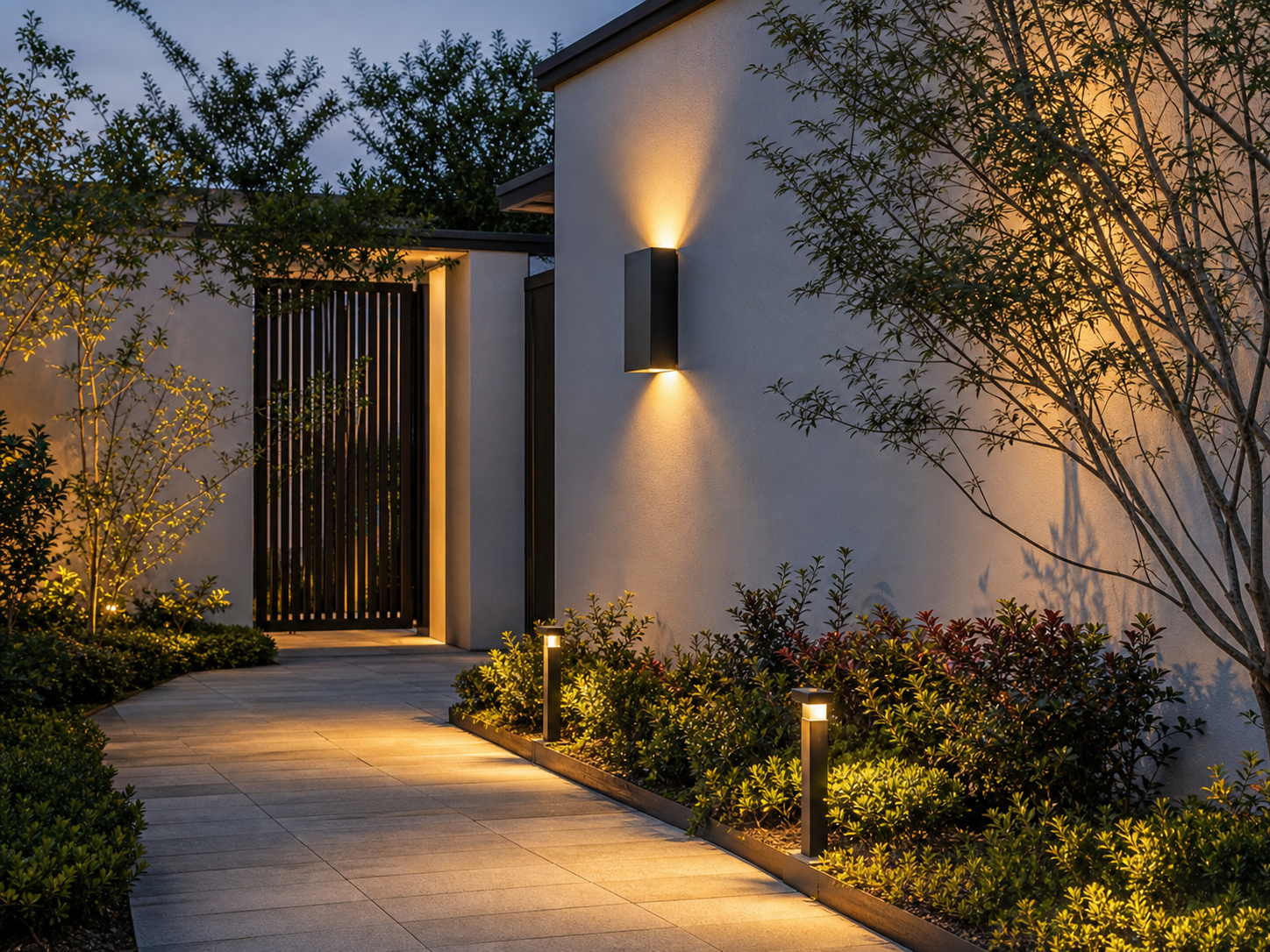 Garden entrance with wall and pathway lighting
