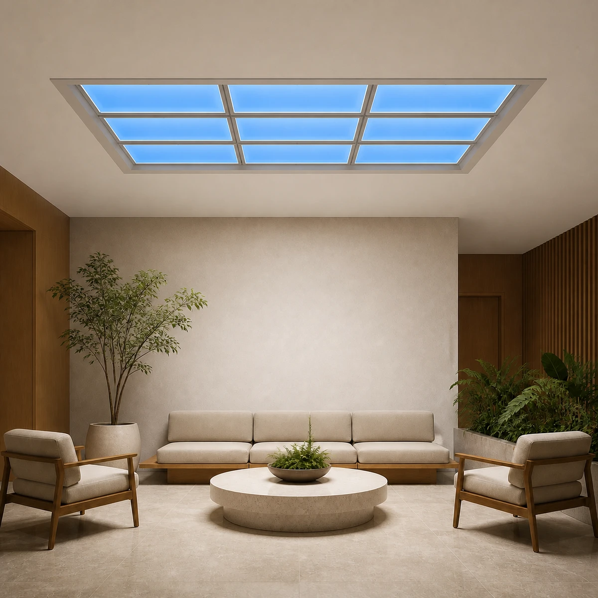 P Series rectangular artificial skylight modules recessed into a lounge ceiling