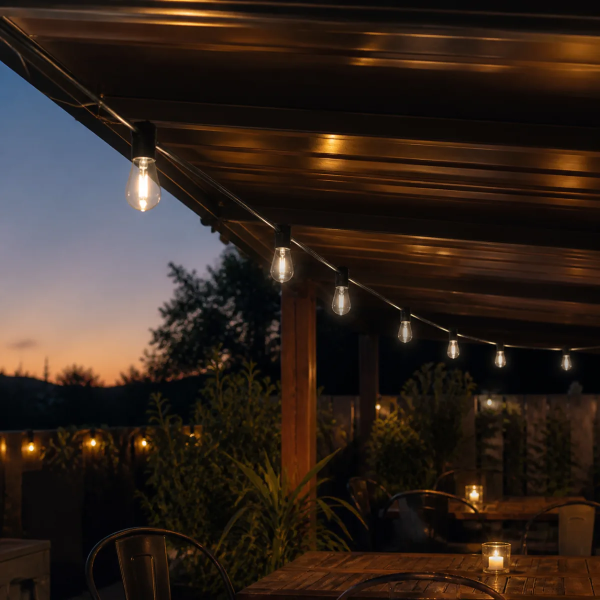 A60 string light bulbs hanging downward above a covered patio at dusk