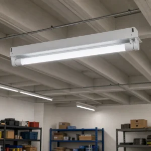 Replaceable T8 LED tube installed between G13 lampholders in an indoor batten fixture