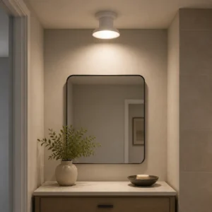 R Series LED SMD bulb used in an indoor ceiling fixture near a vanity