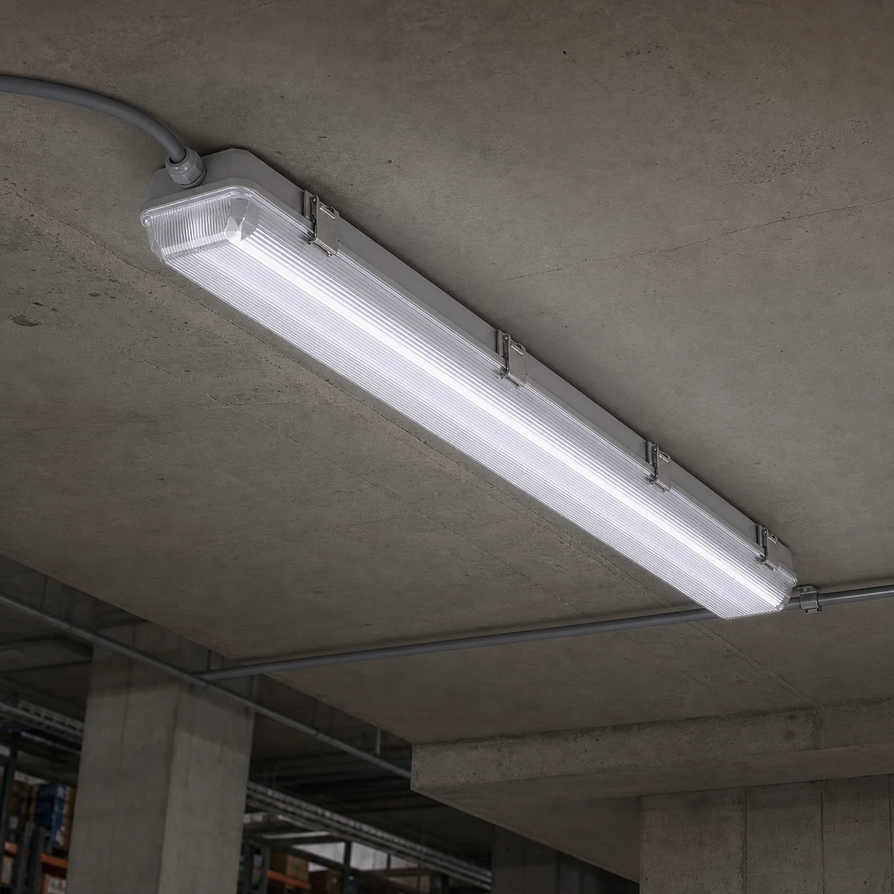 Replaceable-tube tri-proof fixture installed on an interior ceiling