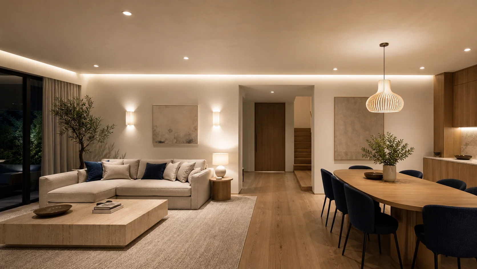 Residential living and dining room with coordinated ceiling, wall and decorative lighting