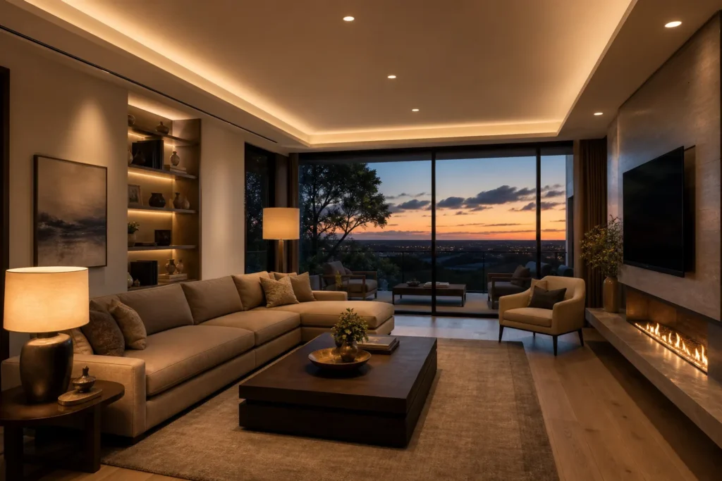 Living room with balanced ceiling cove and accent lighting