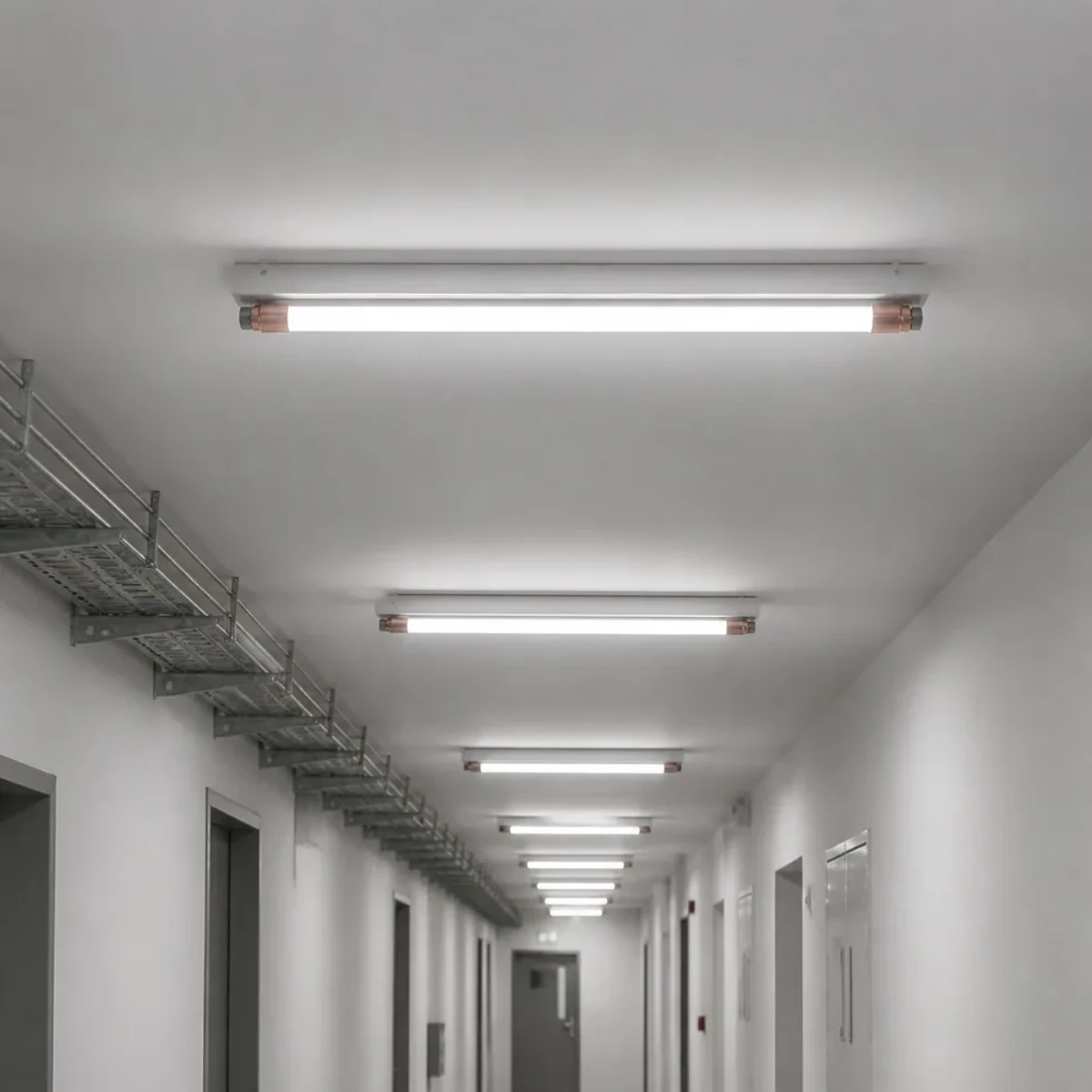 SASO T8 LED glass tubes installed in ceiling fixtures in a service corridor