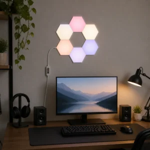 Six smart hexagon wall light panels installed above a gaming desk