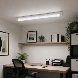 Smart T8 LED tube installed in an open single-tube ceiling batten above a home office desk