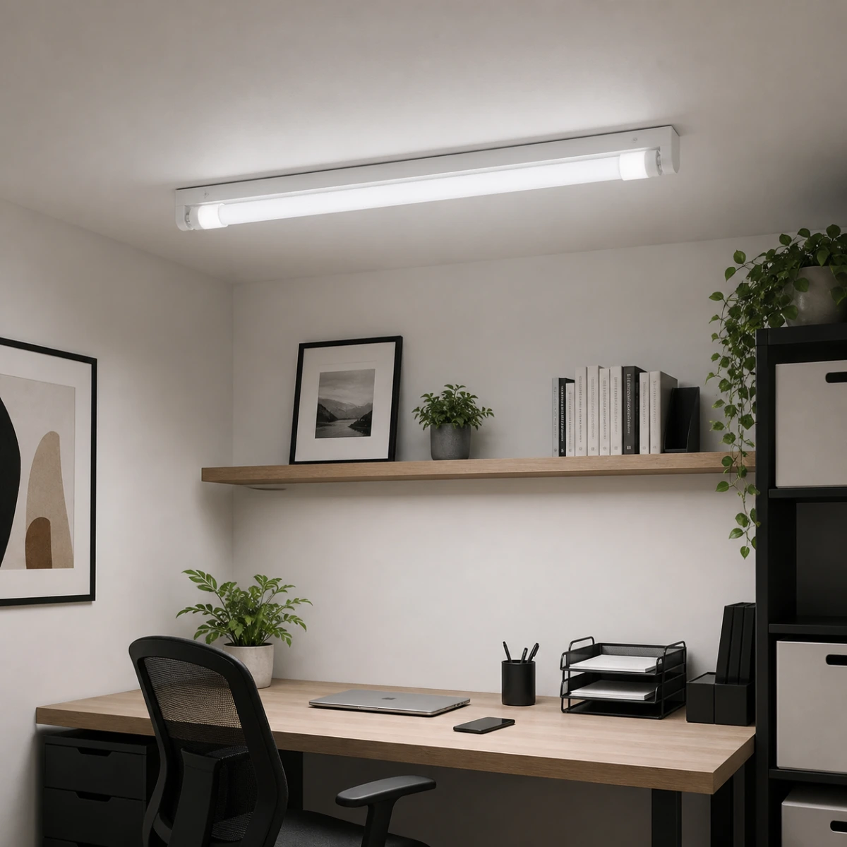 Smart T8 LED tube installed in an open single-tube ceiling batten above a home office desk