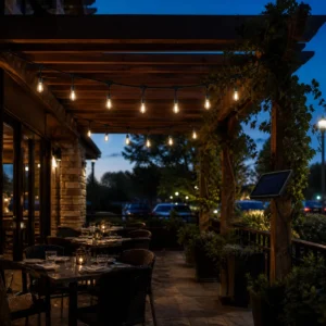 Solar decorative string lights installed under a restaurant pergola at dusk