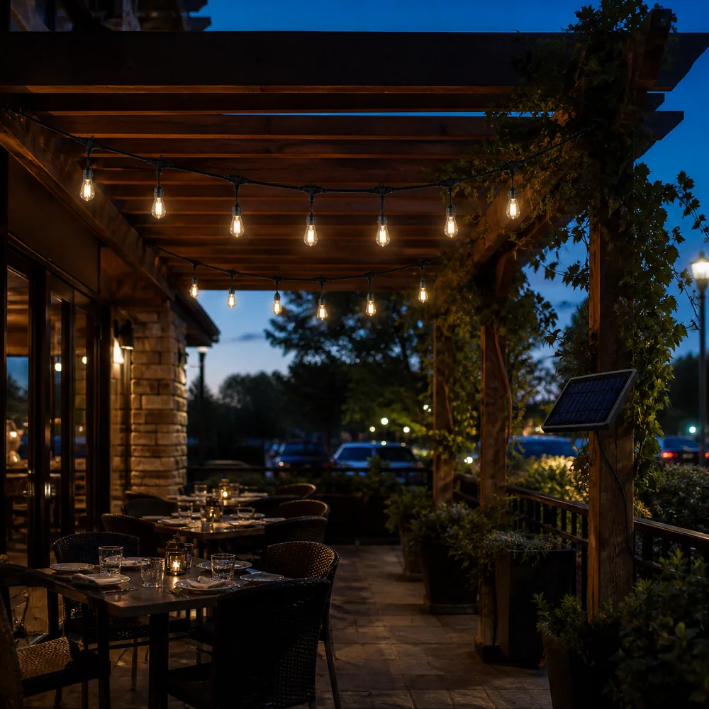 Solar decorative string lights installed under a restaurant pergola at dusk