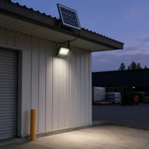 Standard LED solar flood light and separate panel on a logistics outbuilding at dusk
