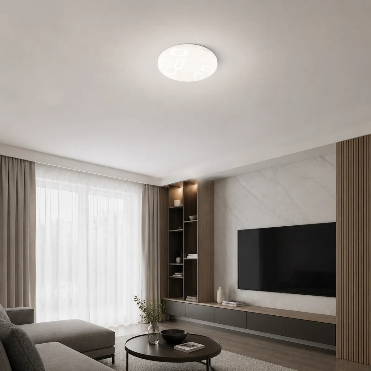 Patterned super-slim round LED ceiling light installed flush in a modern living room