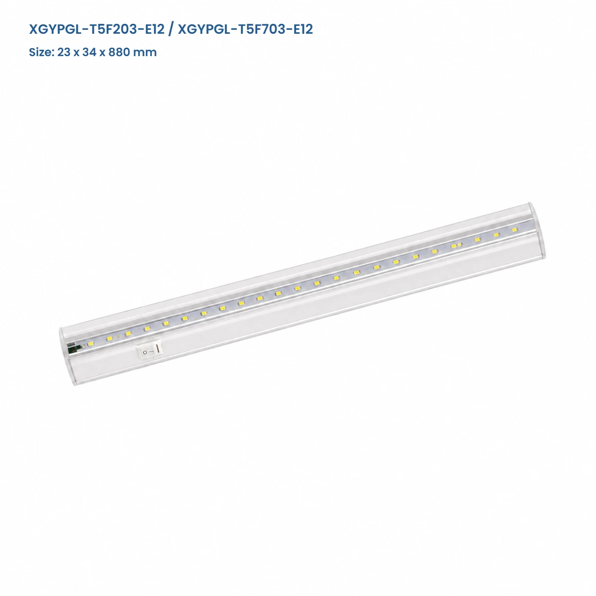 T5 integrated LED grow light models XGYPGL-T5F203-E12 and XGYPGL-T5F703-E12, 23 x 34 x 880 mm
