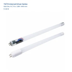 T5/T6 Internal Driver Series, Dia. 16 / 19 x L 288-1449 mm, 5-22 W, shown with verified aluminum and white plastic G5 end-cap options