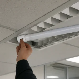 CCT adjustable T8 LED tube installed in an indoor office fixture with the endcap selector accessible