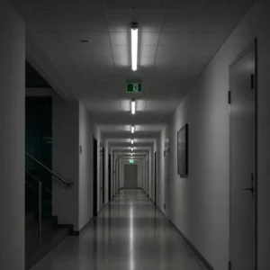 Emergency T8 LED tubes providing backup illumination in an indoor corridor