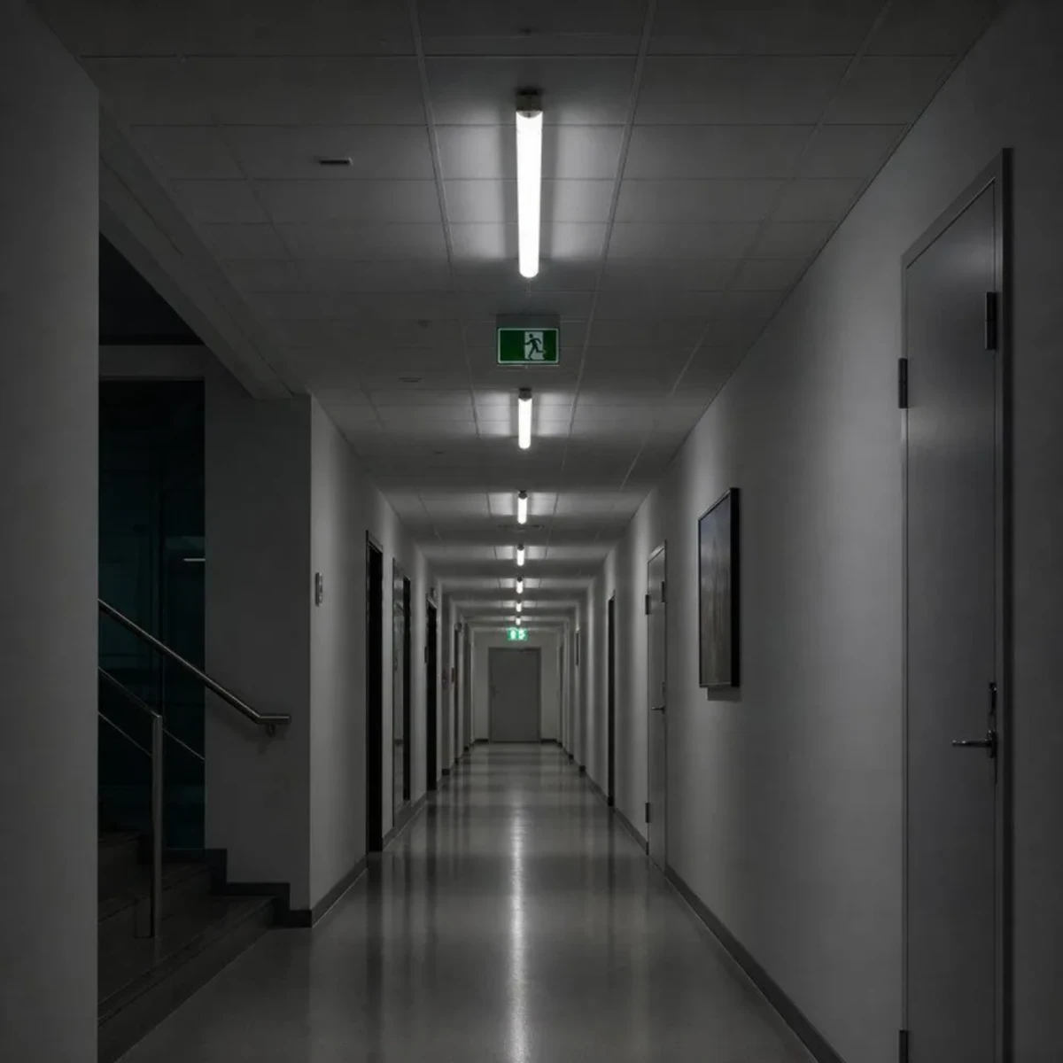 Emergency T8 LED tubes providing backup illumination in an indoor corridor