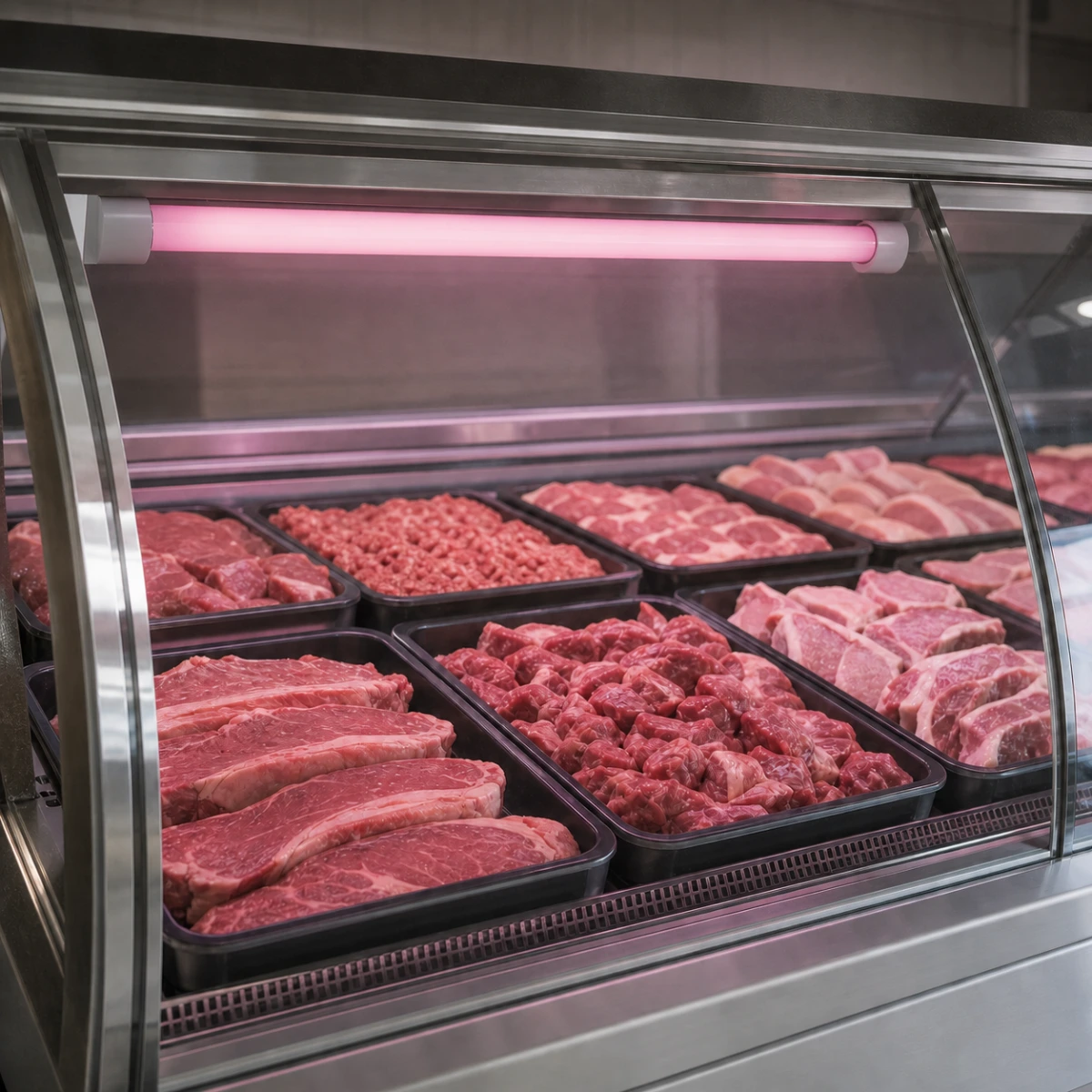 T8 fresh-food LED tube installed in a refrigerated meat display
