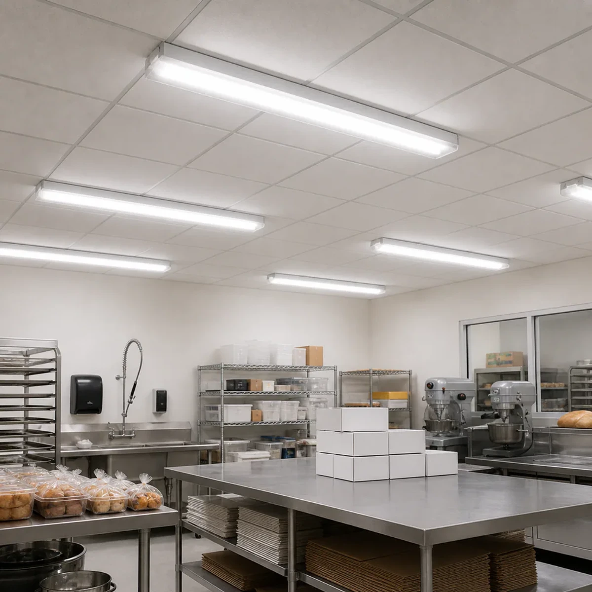 Linear T8 lighting installed above a commercial food preparation and packaging room
