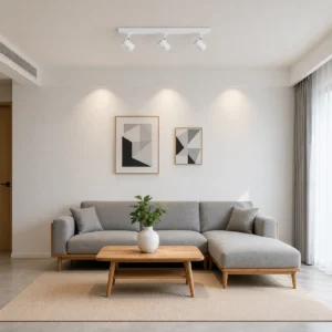 Three-head LED triospot installed above a residential living room seating area
