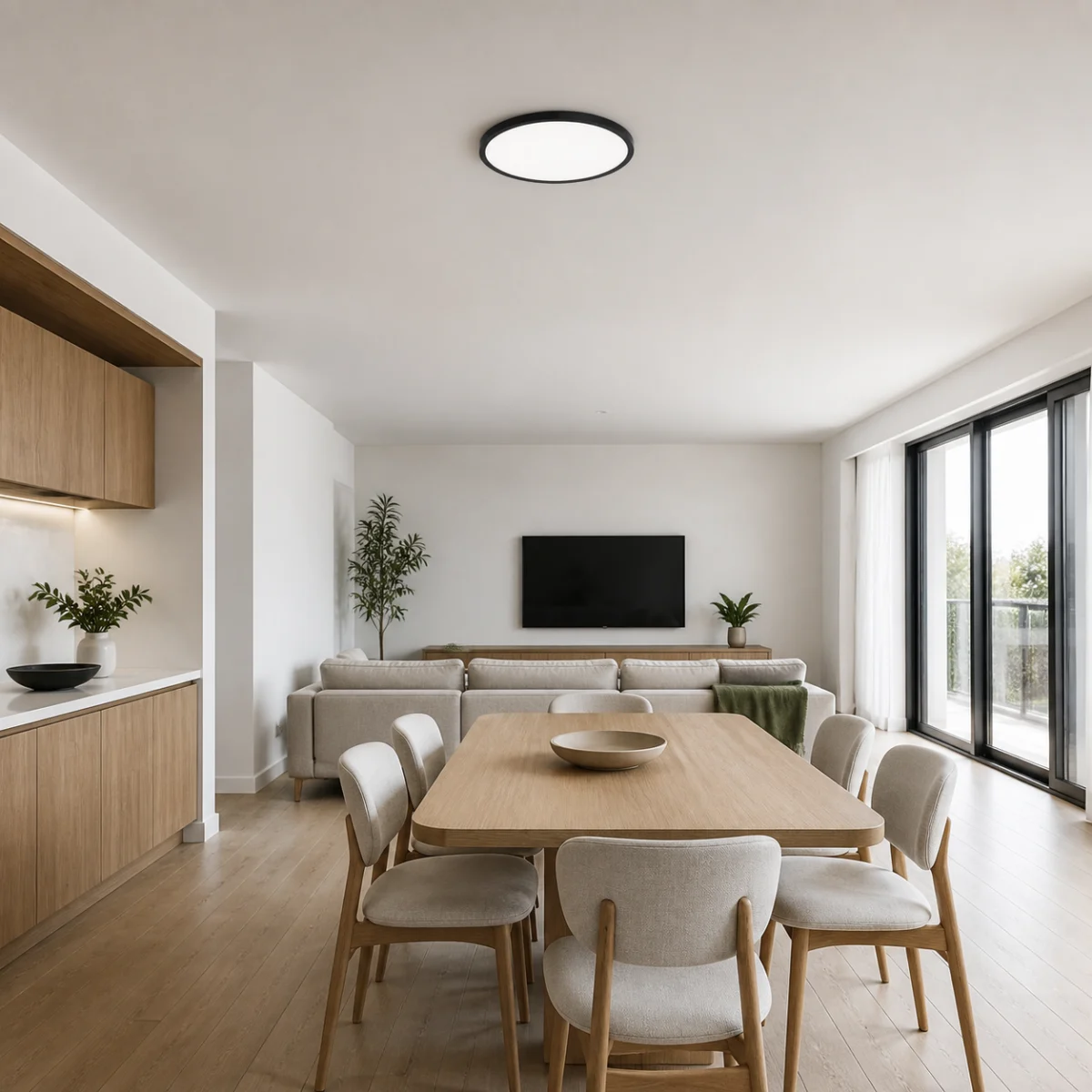 Ultra-slim black flush-mount ceiling light installed on a flat ceiling above an open living and dining room