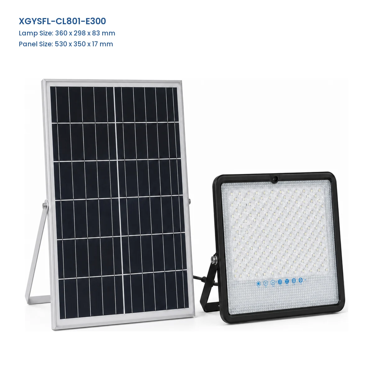 XGYSFL-CL801-E300 separate-panel solar flood light, lamp 360 x 298 x 83 mm, panel 530 x 350 x 17 mm