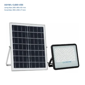 XGYSFL-CL801-E50 separate-panel solar flood light, lamp 240 x 180 x 83 mm, panel 350 x 290 x 17 mm