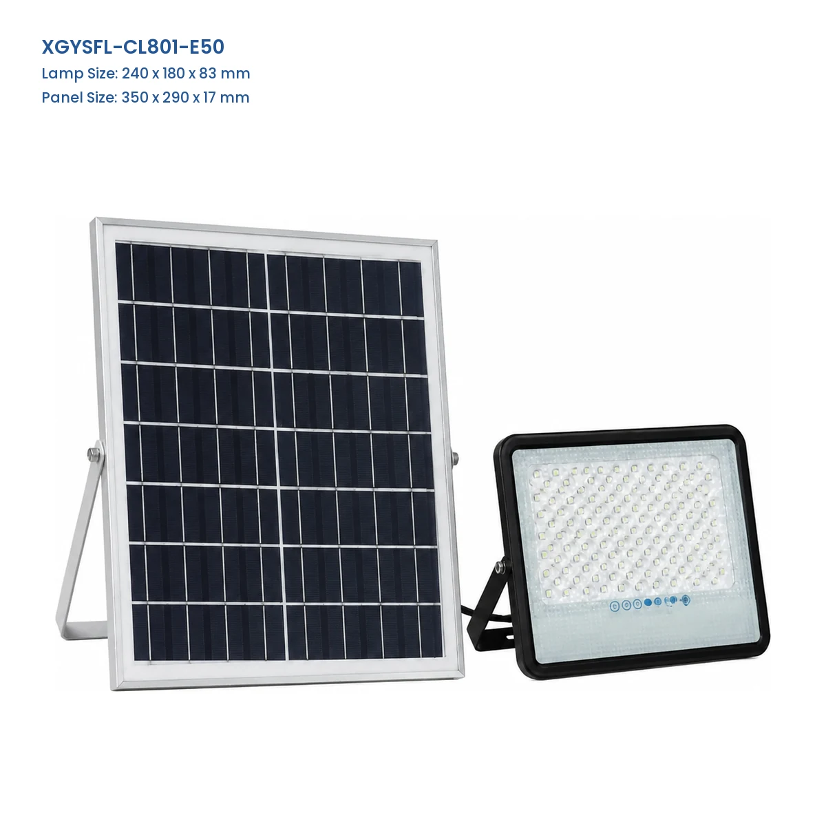 XGYSFL-CL801-E50 separate-panel solar flood light, lamp 240 x 180 x 83 mm, panel 350 x 290 x 17 mm