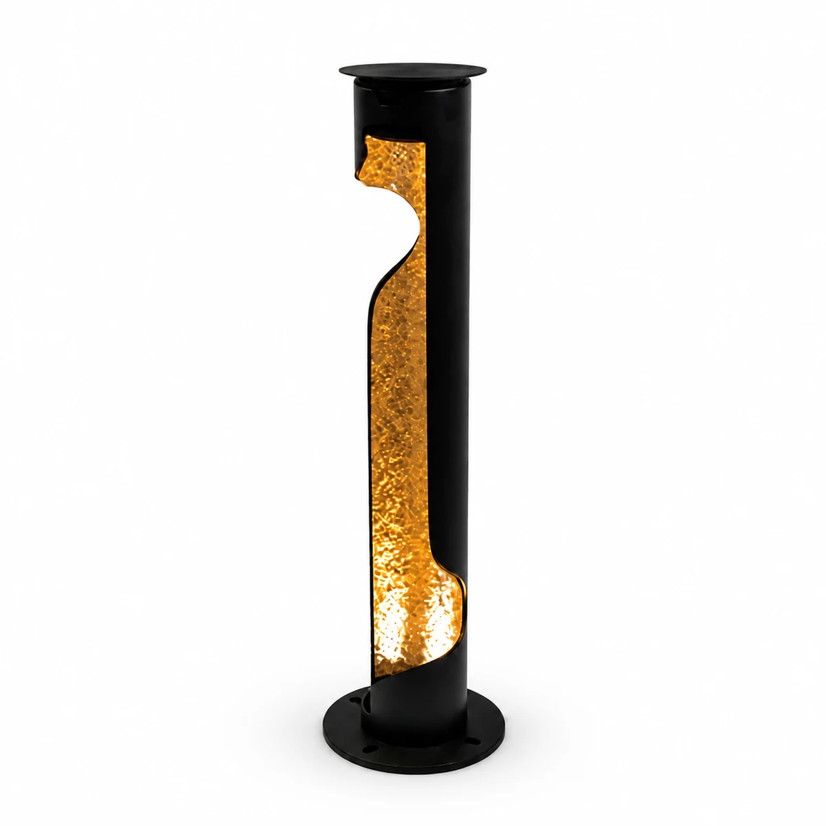 Cylindrical illuminated solar garden bollard on white background