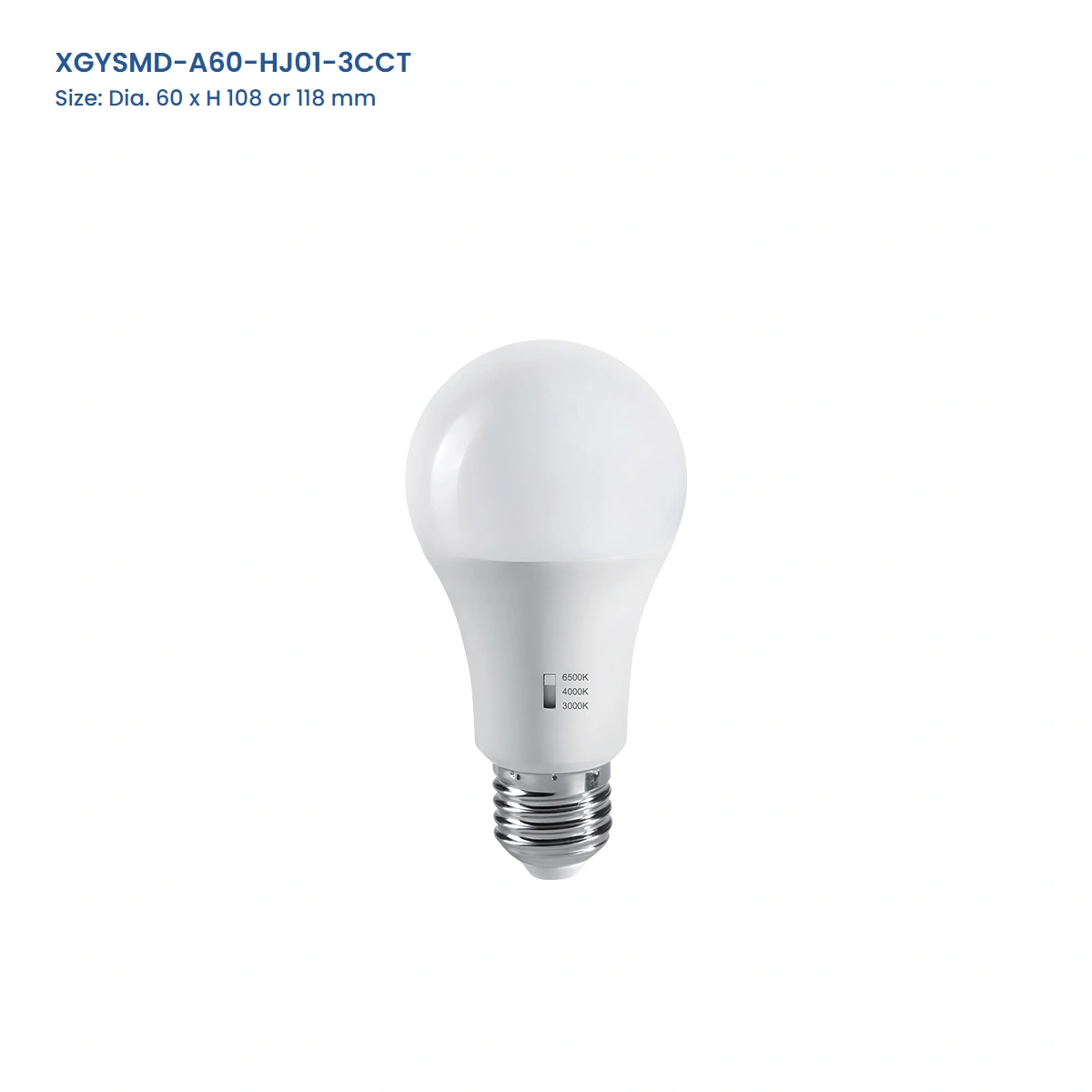 XGYSMD-A60-HJ01-3CCT A60 selectable-CCT LED bulb with visible 3000 K, 4000 K and 6500 K selector