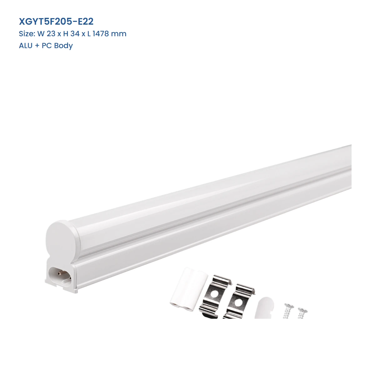 XGYT5F205-E22 connectable T5 integrated LED fixture, ALU + PC Body, W 23 x H 34 x L 1478 mm