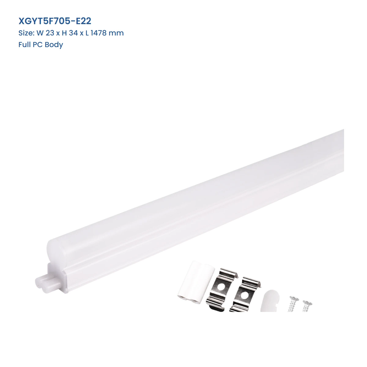 XGYT5F705-E22 connectable T5 integrated LED fixture, Full PC Body, W 23 x H 34 x L 1478 mm