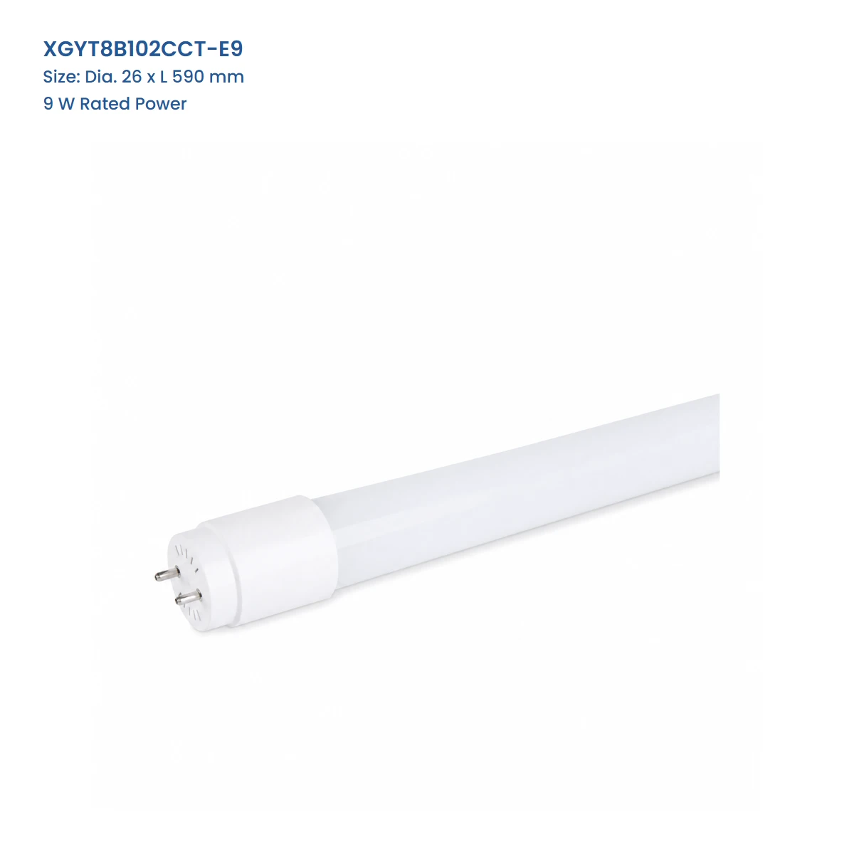 XGYT8B102CCT-E9 CCT and power adjustable T8 LED tube, Dia. 26 x L 590 mm, 9 W Rated Power