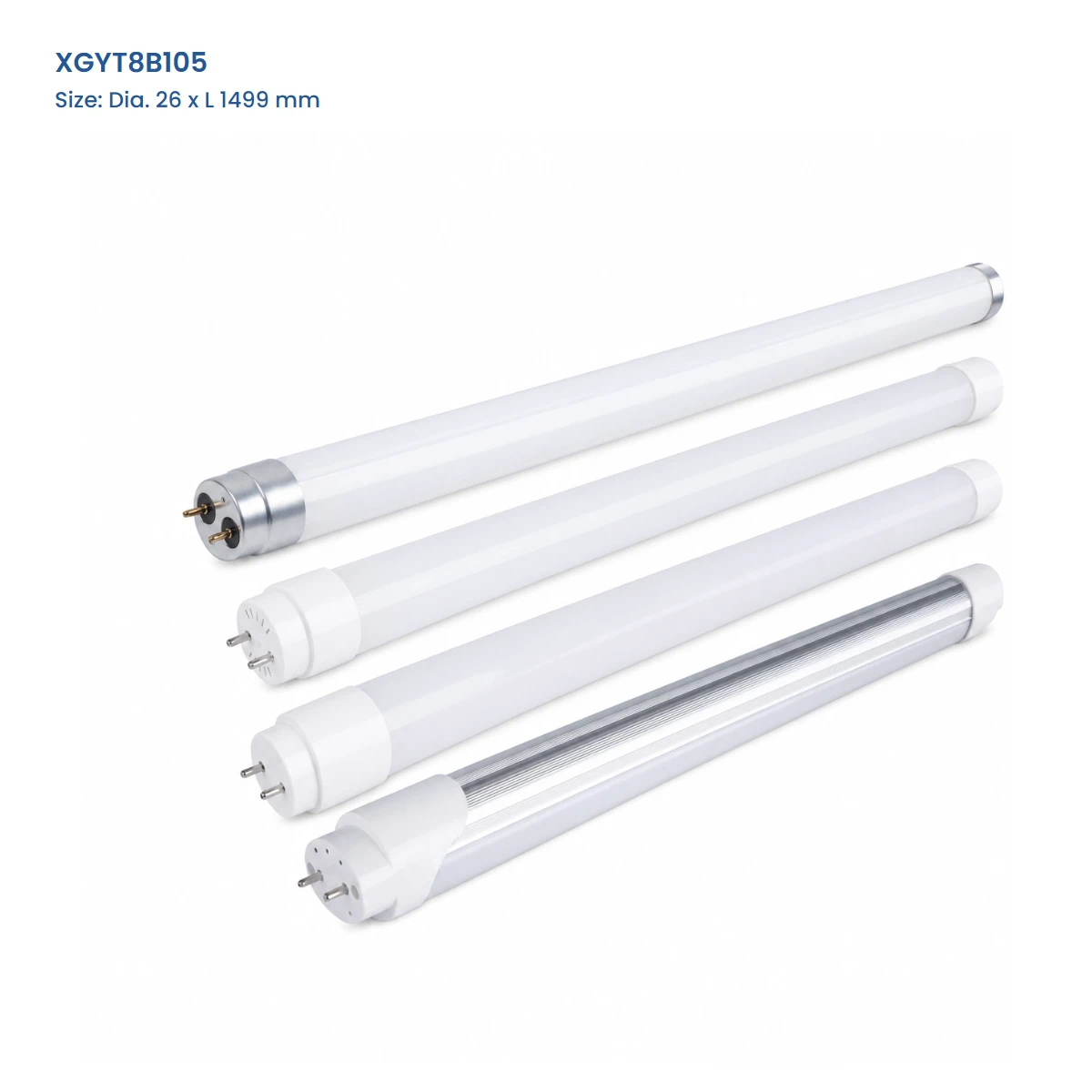 XGYT8B105 European T8 LED glass tube, Dia. 26 x L 1499 mm, with verified housing options