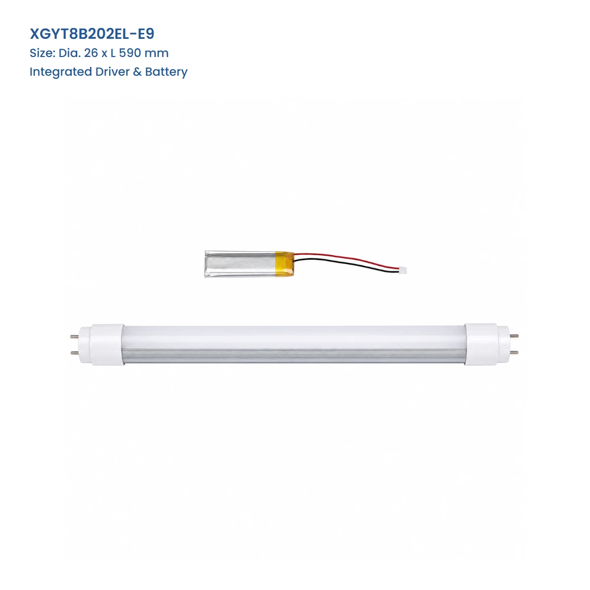 XGYT8B202EL-E9 emergency T8 LED tube, Dia. 26 x L 590 mm, Integrated Driver & Battery