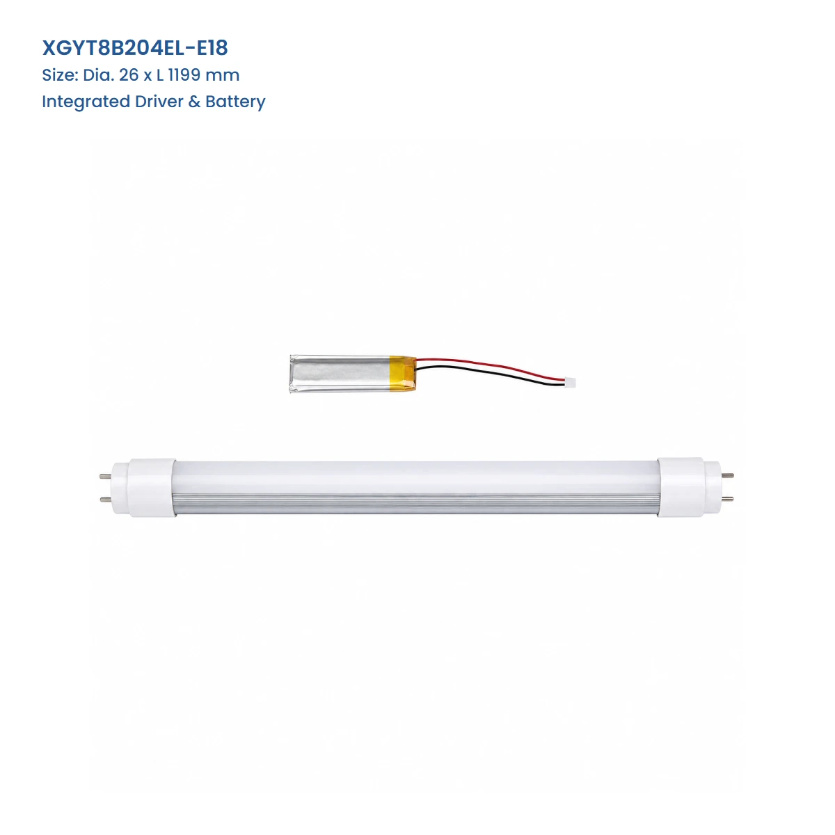 XGYT8B204EL-E18 emergency T8 LED tube, Dia. 26 x L 1199 mm, Integrated Driver & Battery