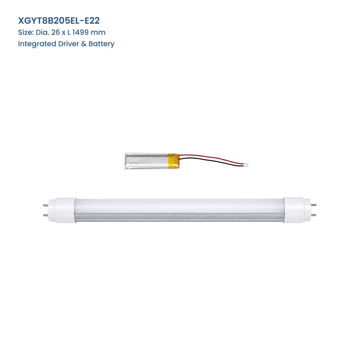 XGYT8B205EL-E22 emergency T8 LED tube, Dia. 26 x L 1499 mm, Integrated Driver & Battery