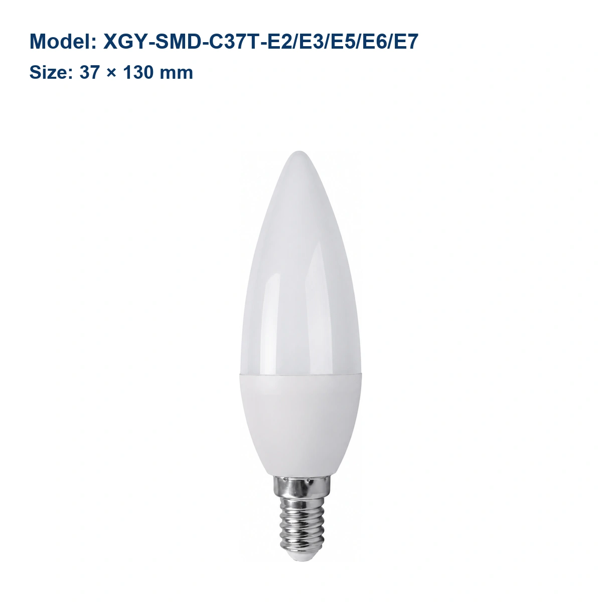 C37T elongated LED candle bulb models, 37 by 130 millimeters