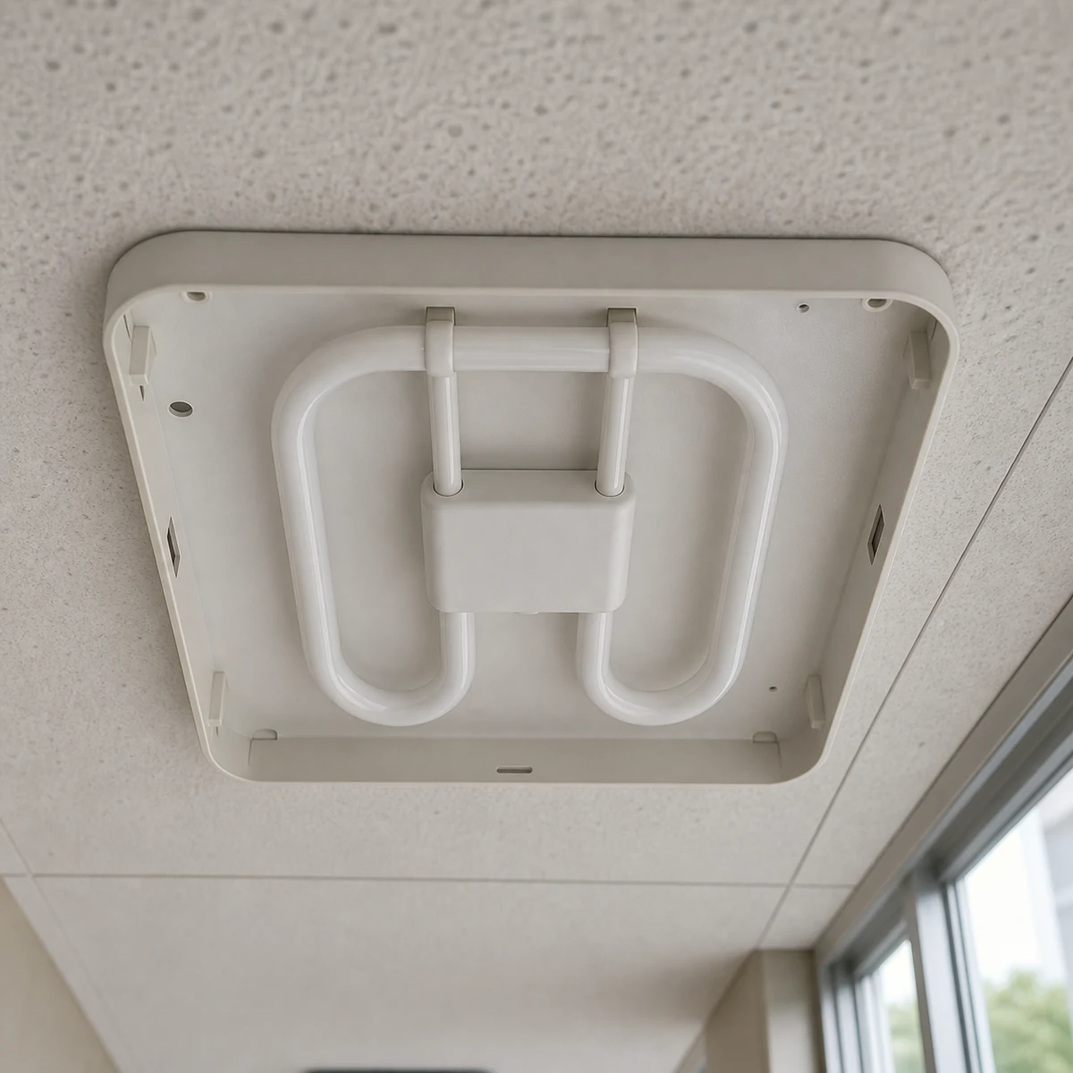 Unlit 2D butterfly fluorescent lamp installed flat inside an open indoor ceiling bulkhead fixture