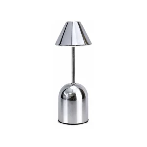 Chrome metallic dome cordless LED table lamp on white background
