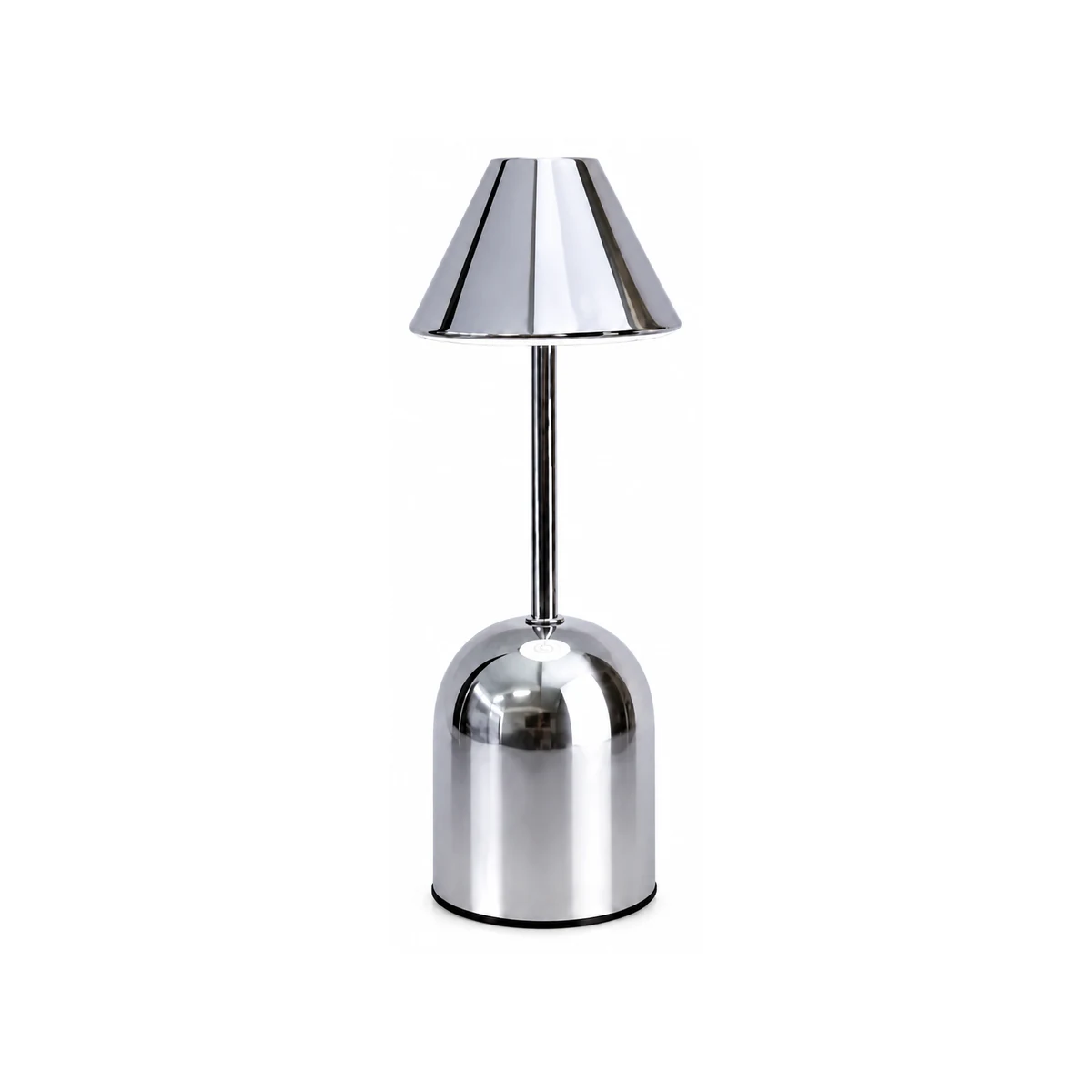 Chrome metallic dome cordless LED table lamp on white background
