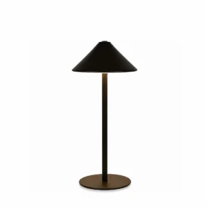 Black tall cone-shade cordless LED table lamp on white background