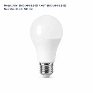 XGY-SMD-A60-LS-E7 and E9 dusk-to-dawn A60 LED bulb, 60 millimeters diameter by 108 millimeters high
